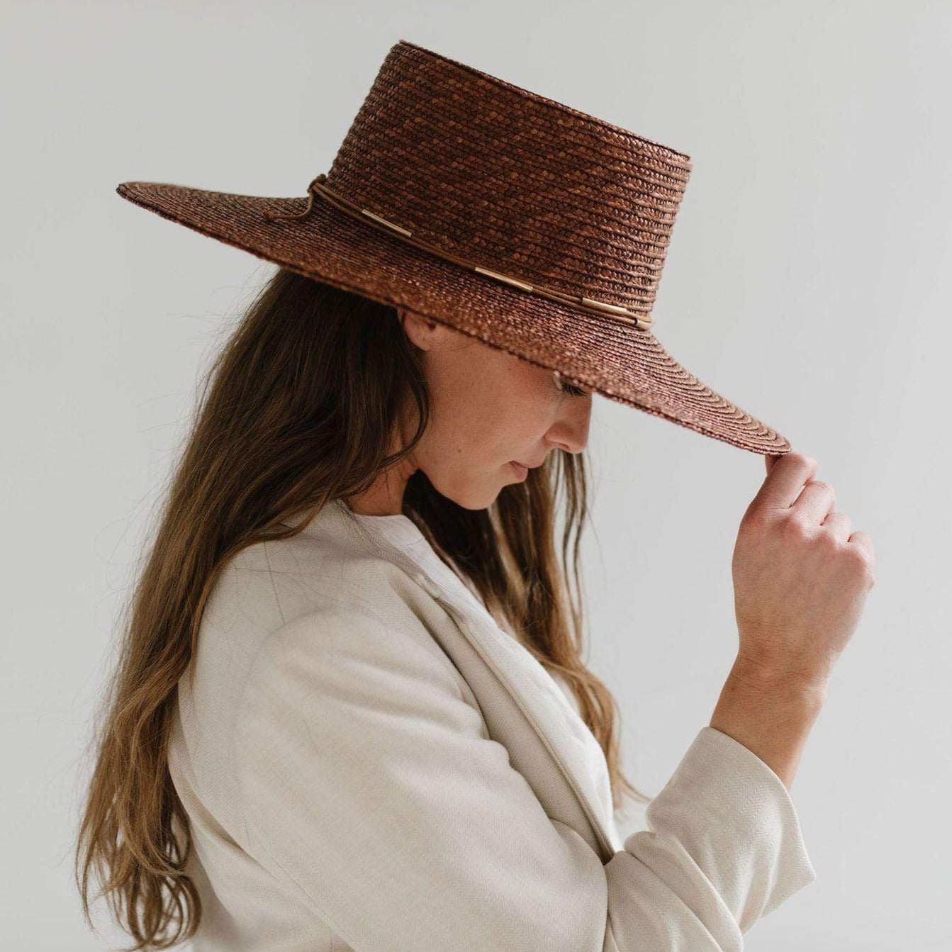 Gigi Pip straw hats for women - Capri Medium - boater crown with a medium flat brim featuring a metal and rope beaded band around the crown [brown]