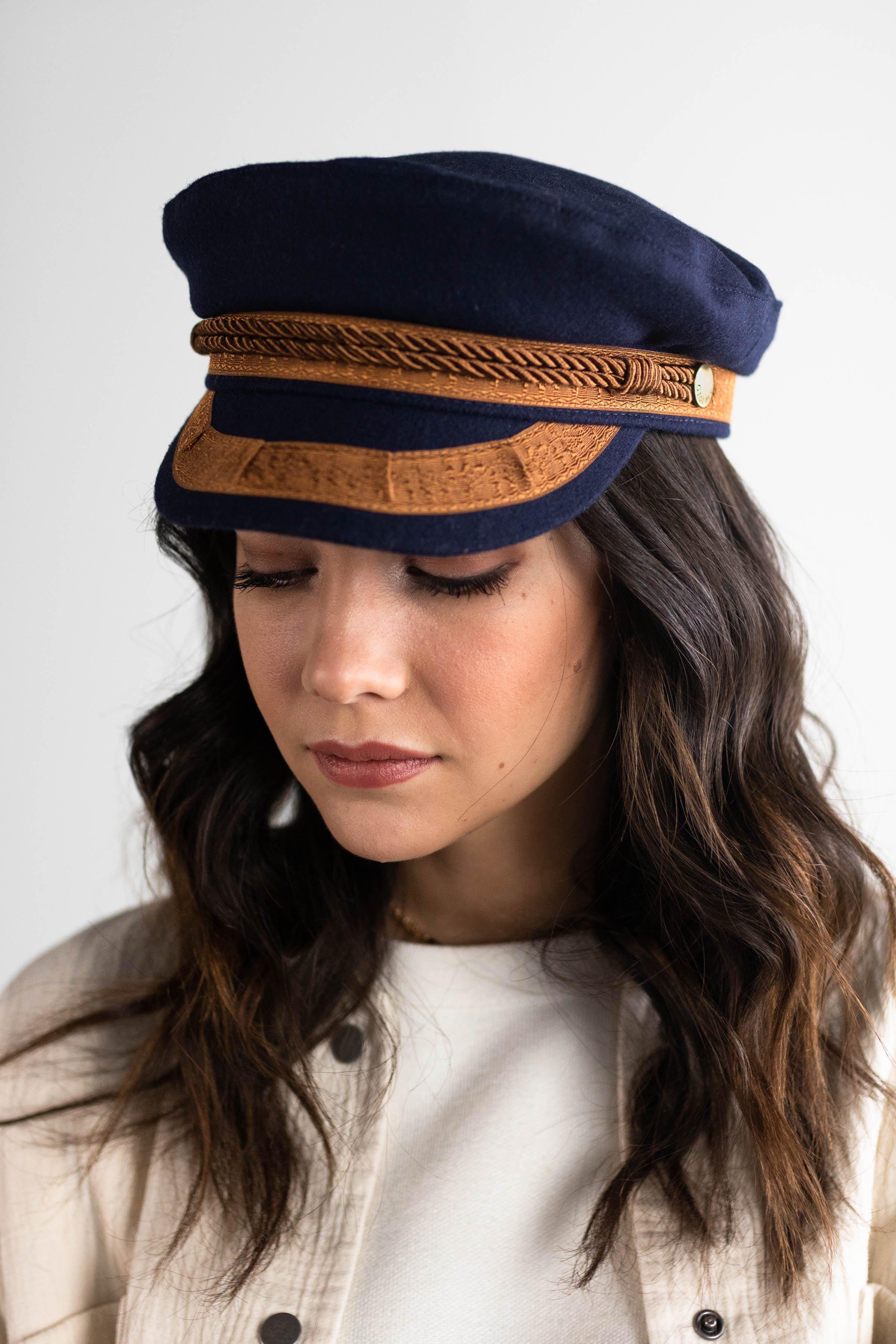 Gigi Pip caps for women - Lieutenant Cap - vintage inspired cap with an adjustable inner band, featuring a braided rope trim, a detailed grosgrain and brass button with the Gigi Pip logo [navy with gold]